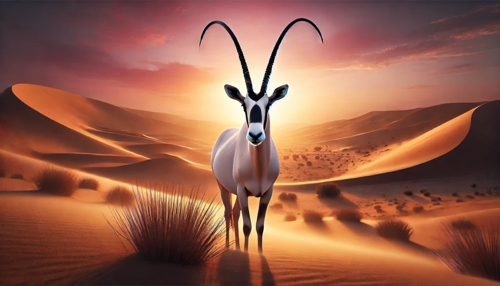 DALL·E 2024 11 22 06.13.14   A wide panoramic view of an Arabian oryx (oryx leucoryx) standing proudly in the middle of a golden desert landscape during sunset. The oryx's sleek w